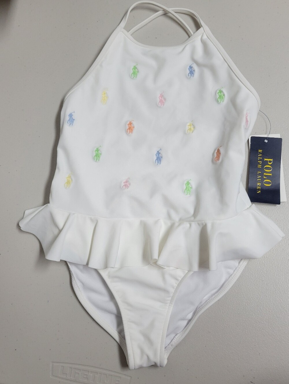 Polo Ralph Lauren NWT White One-Piece Girls Swimsuit with Multicolor Pony Logo. - Picture 3 of 16